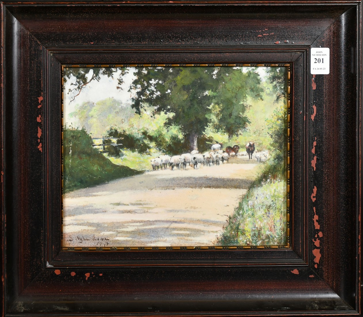Isabella Wylie Lowe, Sheep on a country lane, watercolour, signed and dated 1915, 8.25" x 10.5", ( - Image 2 of 4