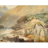 Late 19th Century, A rocky river beneath a mountain, watercolour, possibly indistinctly signed and