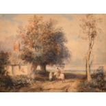 Circle of David Cox, A man on a horse chatting to a lady on a track by a cottage, watercolour, 9.25"