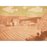 John Brunsden, 'Farm', a colour etching, inscribed, numbered 36/100 and signed in pencil, 8.75" x