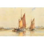 F. J. Aldridge (1850-1933) British, Sailing boats in a calm travelling along a river with