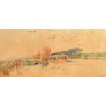 T. H. Leslie, Ducks on a pond, signed and dated '92, 8.5" x 19.25", (21.5x49cm) in a Watts frame.