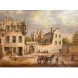 Late 19th Century Continental School, A street scene with large stone buildings, figures, a horse