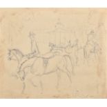 Circle of Toulouse Lautrec, Figures on horseback with a carriage passing a monument, ink drawing, 7"