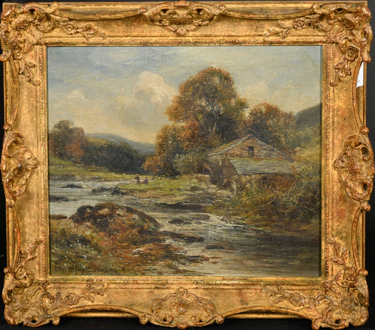 Arthur Wellesley Cottrell, circa 1898, 'An Old Mill, North Wales', anglers by a river, oil on canvas - Image 2 of 4