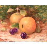 F. Clark, a painted porcelain tile of apples and blackberries, signed, 3.25" x 4", (8x10cm).