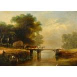 Mid-19th Century English school, a horse and cart crossing a wooden bridge, oil on canvas, 20" x 24"