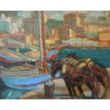 Roger Nivelt (1889-1962), Two Mules standing at the edge of a harbour near moored sailing boats with