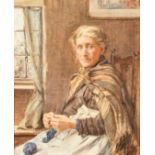 Henry Meynell Rheam (1859-1920) British, 'Old Woman Knitting', watercolour, label verso, exhibited