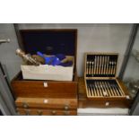 A cased set of twelve fruit knives and forks, various other part cased canteens of cutlery and other