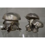 An unusual silver salt and pepper modelled as toadstools together with the matching preserve jar.
