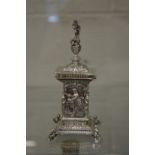 Classical style cast silver pedestal box and cover.