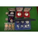 Various coins together with a Natural Trust silver medal.