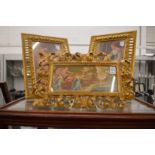 Classical scene, colour print in a decorative carved gilt wood frame together with a pair of