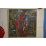 A large semi abstract mixed media picture of a seated female figure.