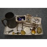 A three piece plated condiment set and other collectables.