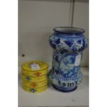 Porcelain stacking box and a Delft style jar.