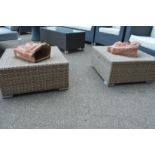 A pair of beige rattan style occasional tables.
