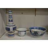 A Chinese blue and white porcelain vase (af) together with two blue and white bowls.
