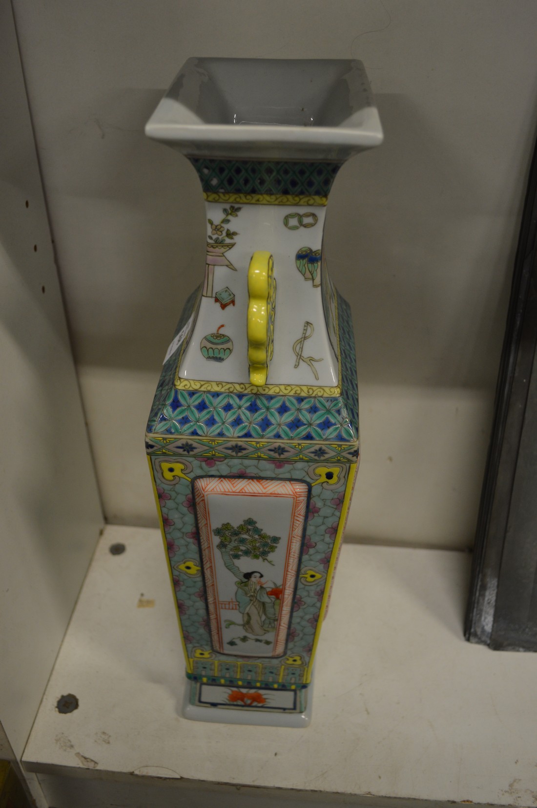 A Chinese famille jaune tapering square shaped vase. - Image 2 of 3