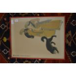 A Chinese colour print of two figures and a dog together with a rosewood frame.