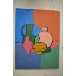 Colourful still life of jugs and bowls, oil on canvas, unframed.