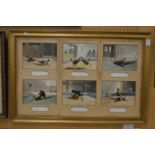 A set of six chromolithographic prints depicting cock fighting scenes, framed as one (lacking