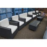 A modern nine piece grey rattan style outdoor lounge suite comprising a pair of settees, set of four
