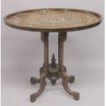 A FINE CHINESE MOTHER OF PEARL INLAID HARDWOOD OVAL TOP TABLE, the surface decorated with fine inlay