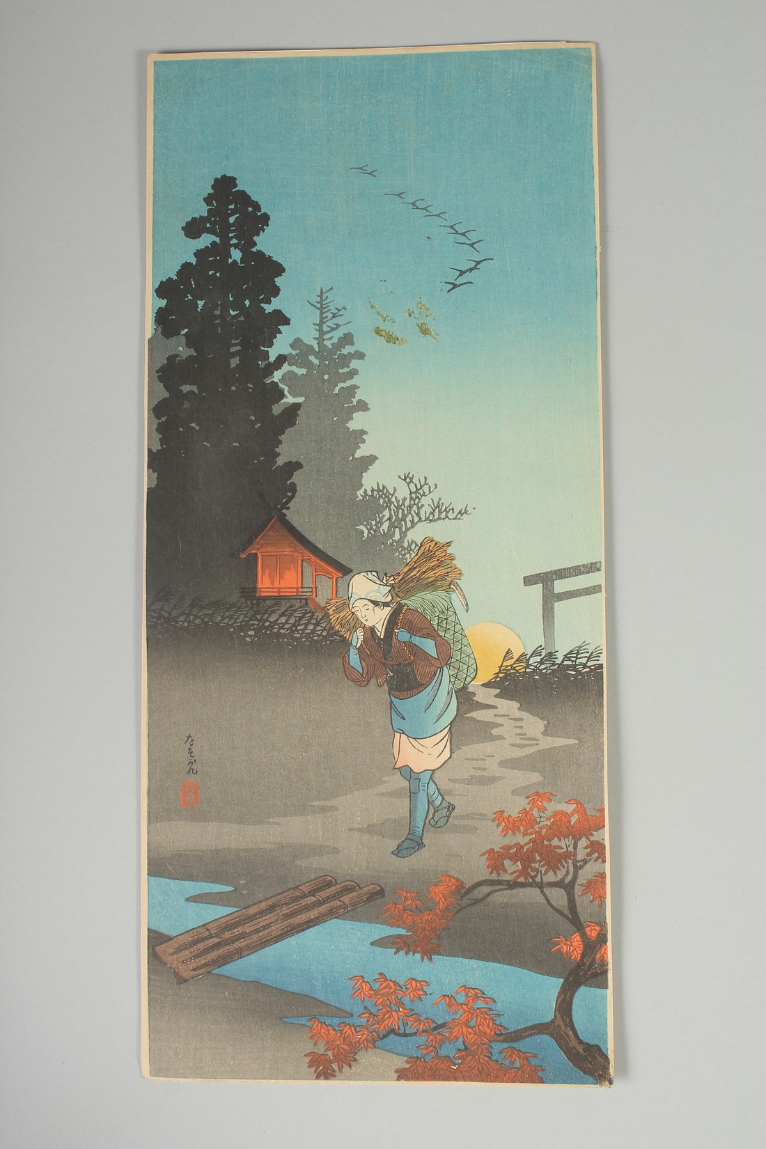 SHOTEI TAKAHASHI (1871-1945): TWILIGHT; an early 20th century original Japanese woodblock print.