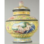 A QING DYNASTY PAINTED ENAMEL COPPER GINGER JAR AND COVER, with panels of European subjects and