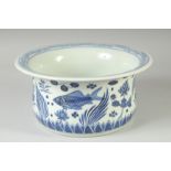 A CHINESE BLUE AND WHITE PORCELAIN BOWL, painted with fish and lotus, 26cm diameter.