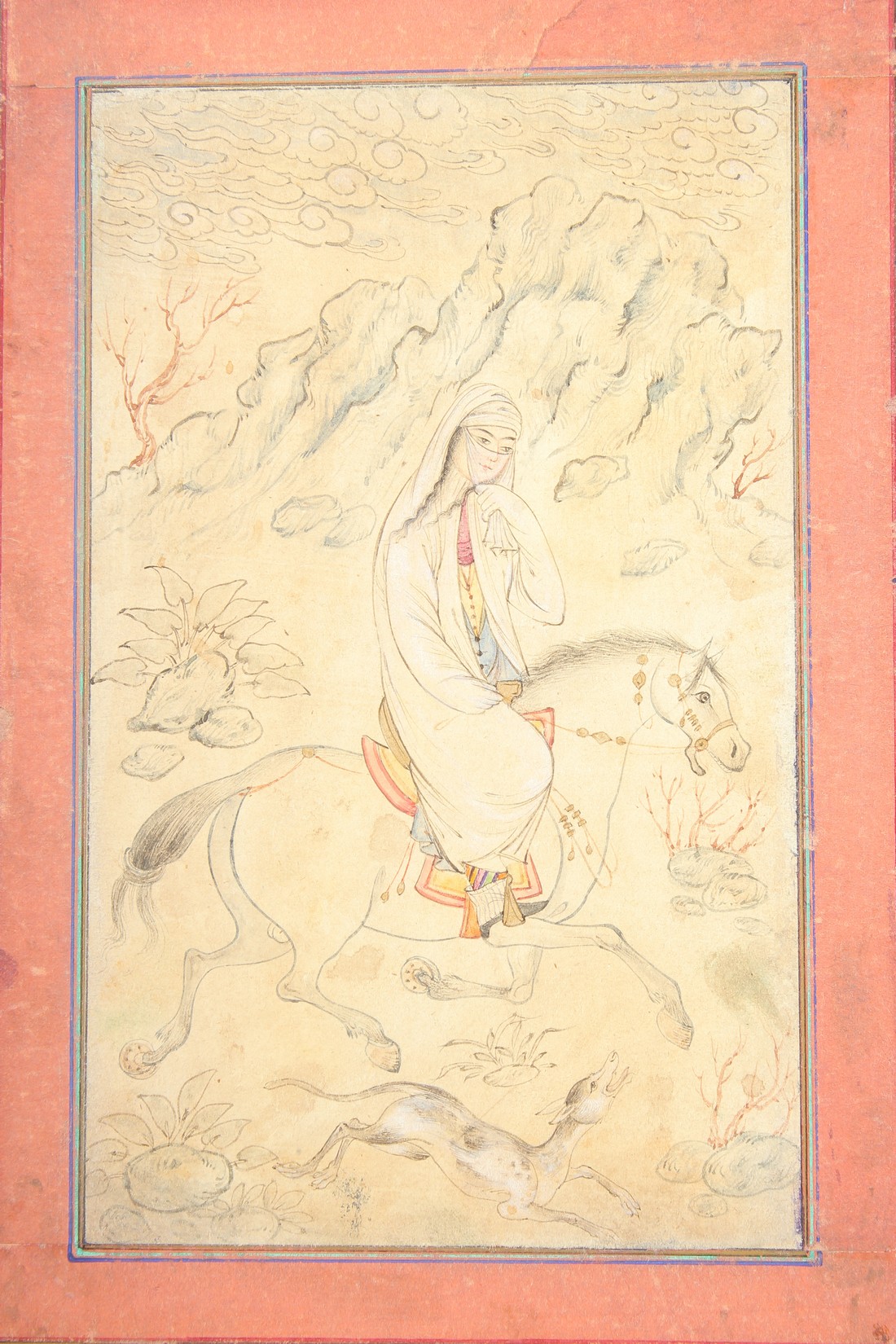 A PERSIAN MINIATURE PAINTING of a female figure on horseback, the border with gilt highlights, - Image 2 of 3