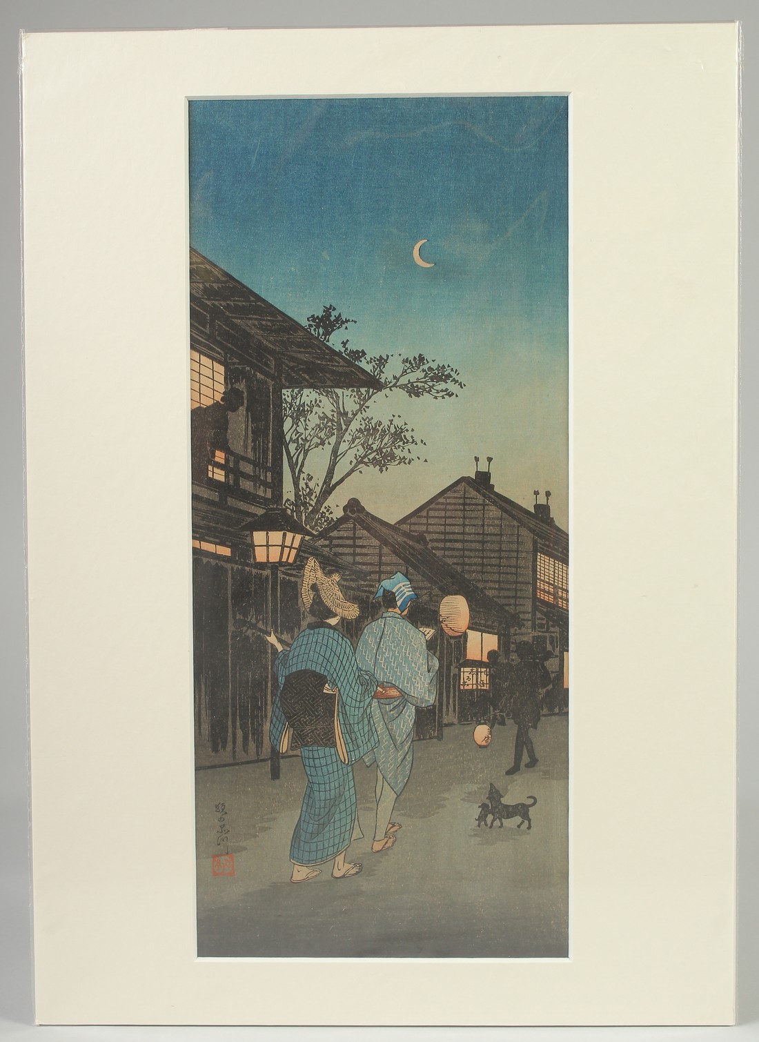 SHOTEI TAKAHASHI (1871-1945): STREET PERFORMER; an early 20th century original Japanese woodblock