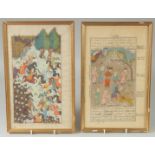 A PAIR OF PERSIAN QAJAR MINIATURE PAINTINGS, one depicting a battle scene, the other with various