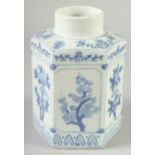 A CHINESE BLUE AND WHITE PORCELAIN HEXAGONAL JAR, with panels of birds and flora, 18.5cm high.