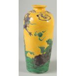 A CHINESE YELLOW GROUND FAHUA-TYPE POTTERY VASE, with raised decoration of dragon, kylin, and