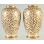 A SMALL PAIR OF JAPANESE SATSUMA VASES, with fine floral decoration and gilt highlights, the bases