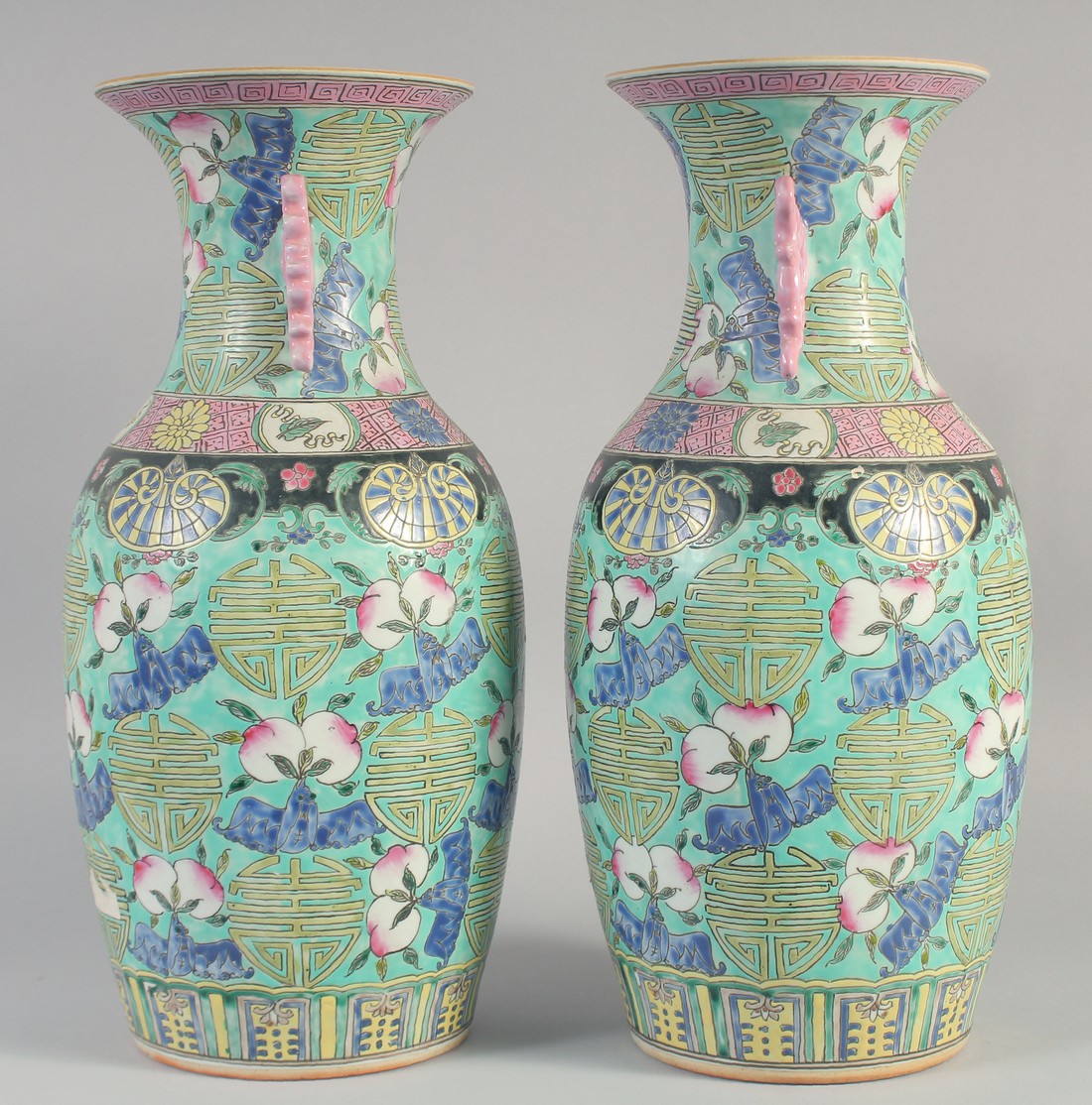 A LARGE PAIR OF CHINESE FAMILLE ROSE PORCELAIN VASES, each decorated with Shou symbols, peach and - Image 4 of 8