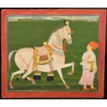 A FINE 19TH CENTURY INDIAN PAINTING OF A MAN AND HORSE, unframed, 22cm x 25.5cm.
