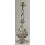 A FINE 19TH CENTURY SILVER ROSEWATER SPRINKLER, with embossed, engraved and chased decoration