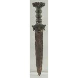 AN UNUSUAL EARLY ISLAMIC BLADE, with later revival handle, 37.5cm long.