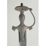 A FINE 18TH CENTURY INDIAN DECCANI TULWAR SWORD, with silver inlaid hilt and watered steel blade,