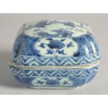 A CHINESE MING STYLE BLUE & WHITE PORCELAIN BOX & COVER, of square section with indented corners,