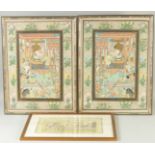 A LARGE PAIR OF PAINTINGS, depicting mirrored scenes of figures with foliate border, together with
