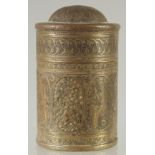 A SMALL 19TH CENTURY PERSIAN QAJAR BRASS CYLINDRICAL CASE, with finely engraved decoration, 8cm