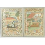 A LARGE PAIR OF PERSIAN PAINTINGS, depicting scenes of figures with foliate border, framed and