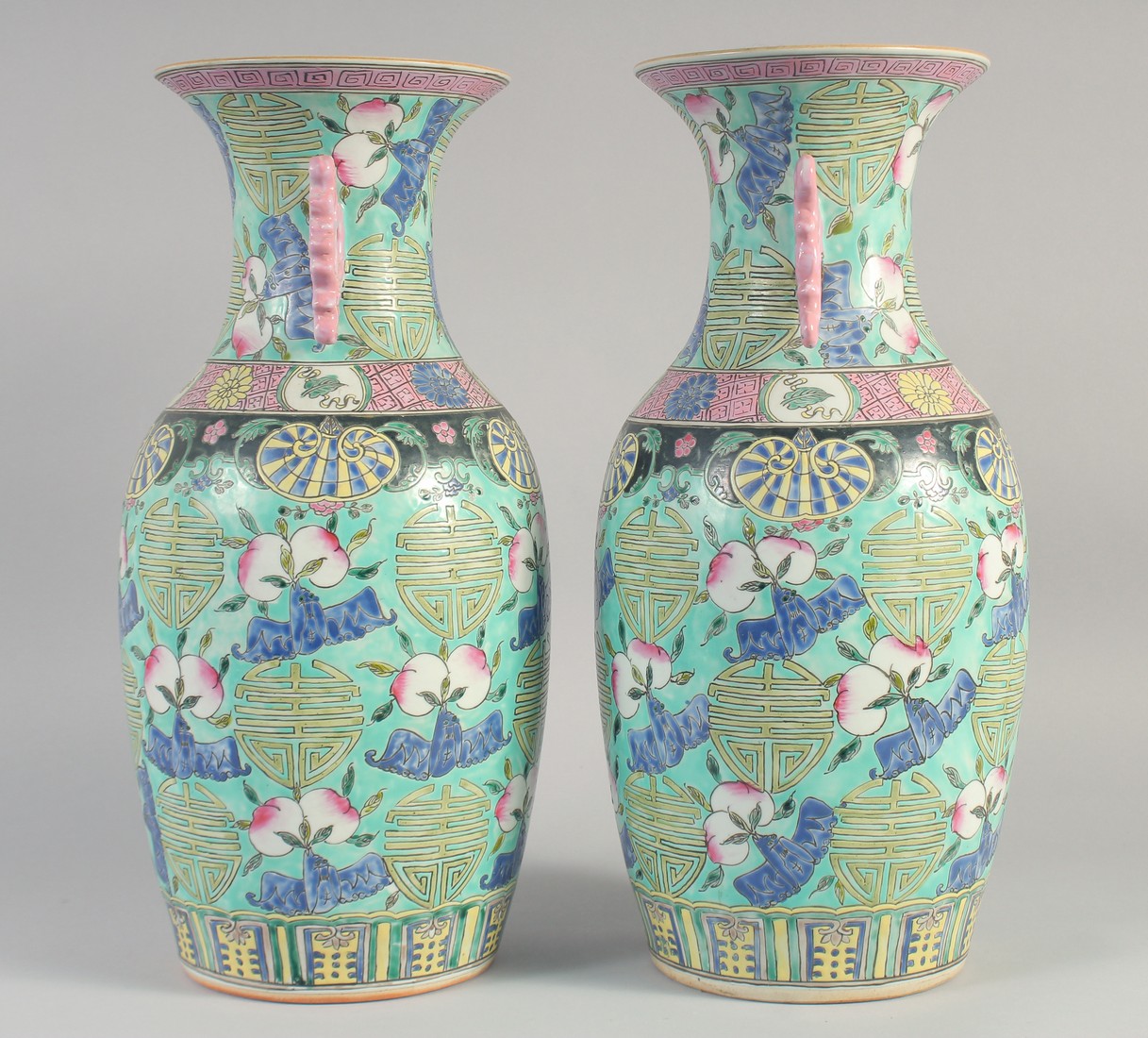 A LARGE PAIR OF CHINESE FAMILLE ROSE PORCELAIN VASES, each decorated with Shou symbols, peach and - Image 2 of 8