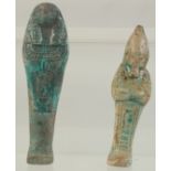 TWO EGYPTIAN GLAZED USHABTIS, 13.5cm and 12cm.