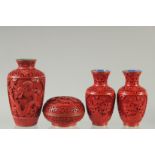 A COLLECTION OF FOUR CHINESE CINNABAR LACQUER ITEMS; comprising a pair of vases, a single vase,